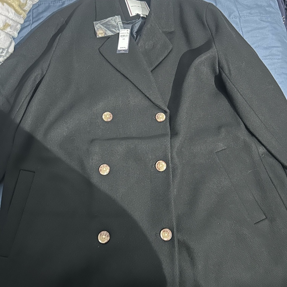 Tommy Hilfiger Elegant Black Pea Coat with Gold Accents